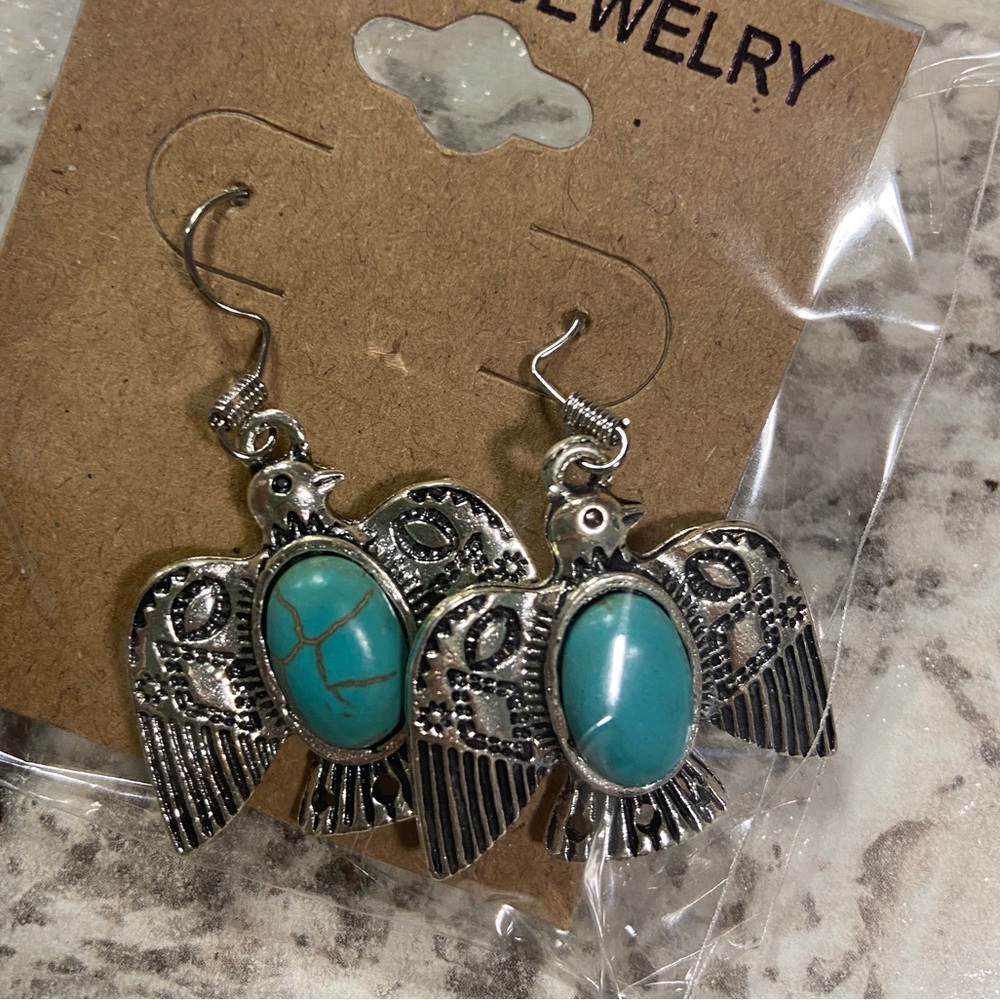 Faux Silver Turquoise Bird Earrings